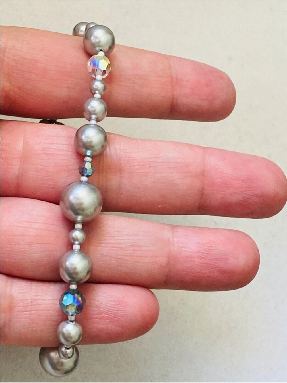 Holly Yashi Gray Faux Pearl Clear Blue Crystals Bead Bracelet 8"- 9"